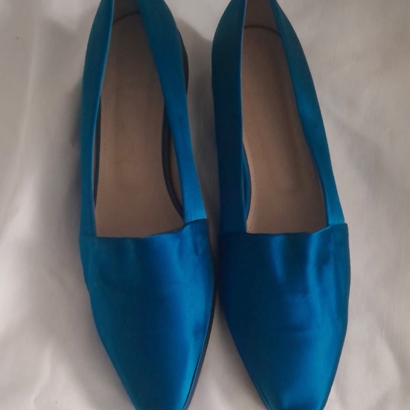 Theory Platform Satin Silk Blue Aqua Slight Wedge Made in Italy Shoes - Picture 4 of 6